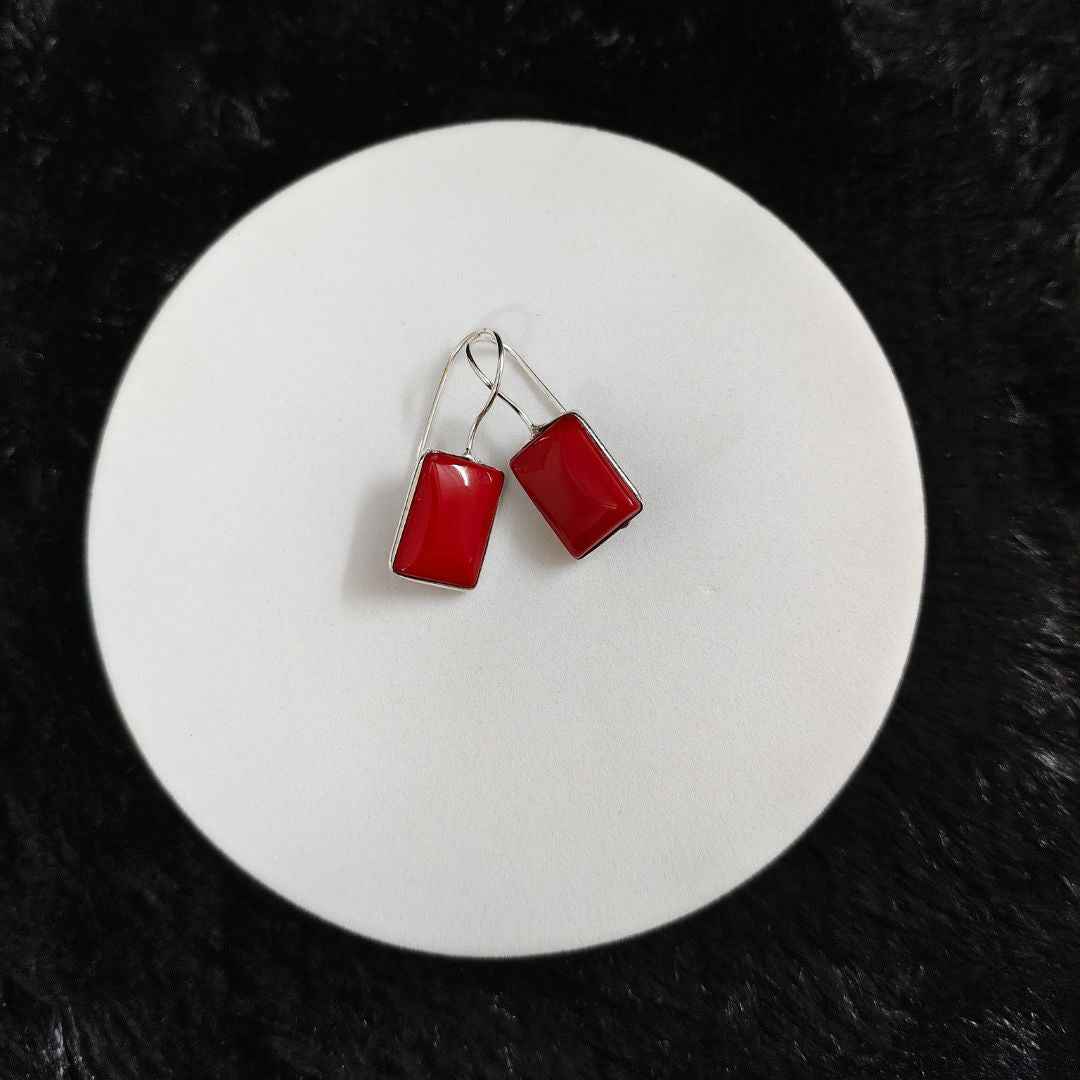 Deep Red Rectangular Drop Earrings in Sterling Silver