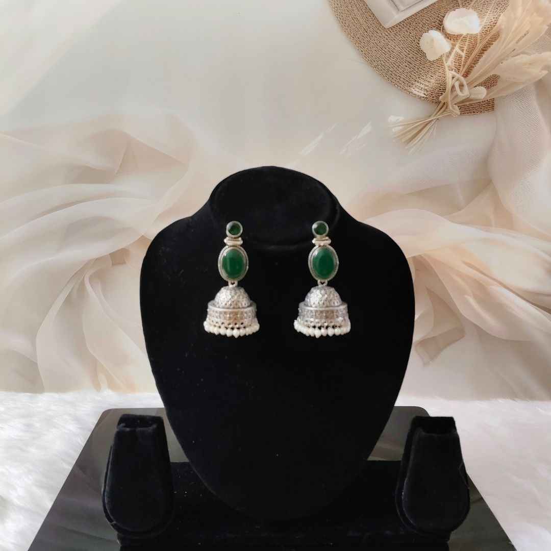 Oxidized Silver Jhumka Earrings with Green Stone & Pearl Drops