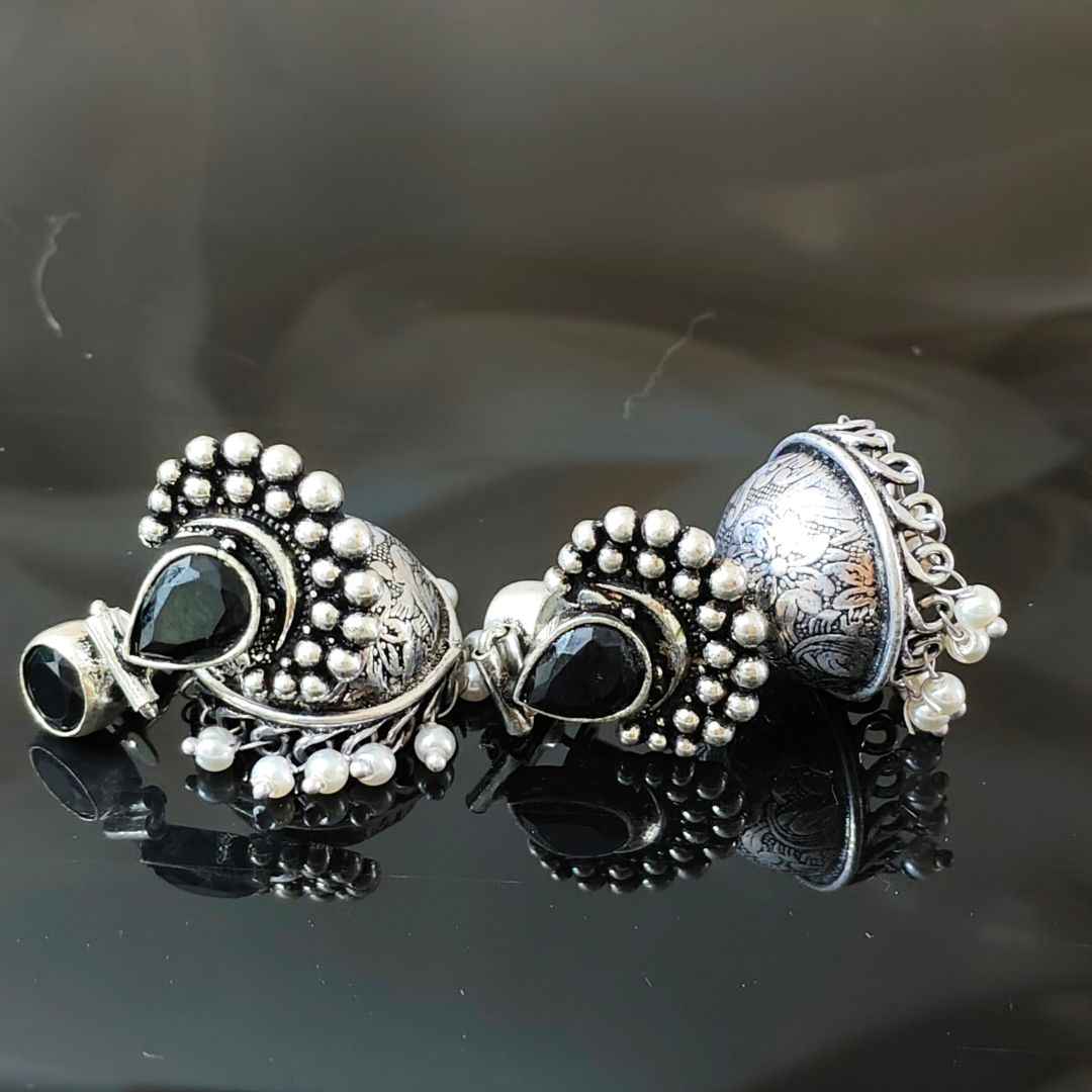 Classic Black Stone Oxidized Jhumka Earrings