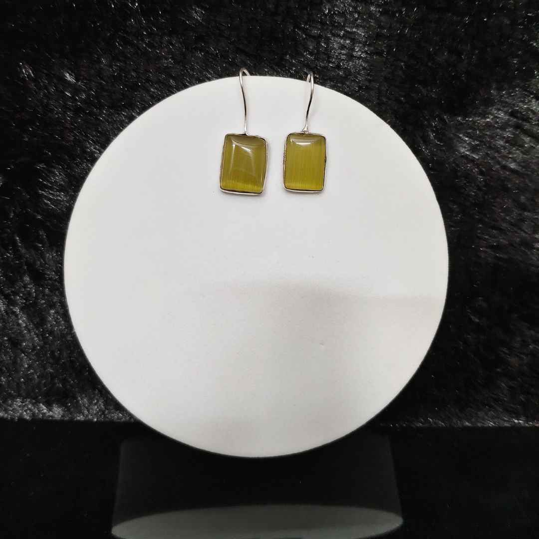 Olive Green Cat's Eye Sterling Silver Dangle Earrings