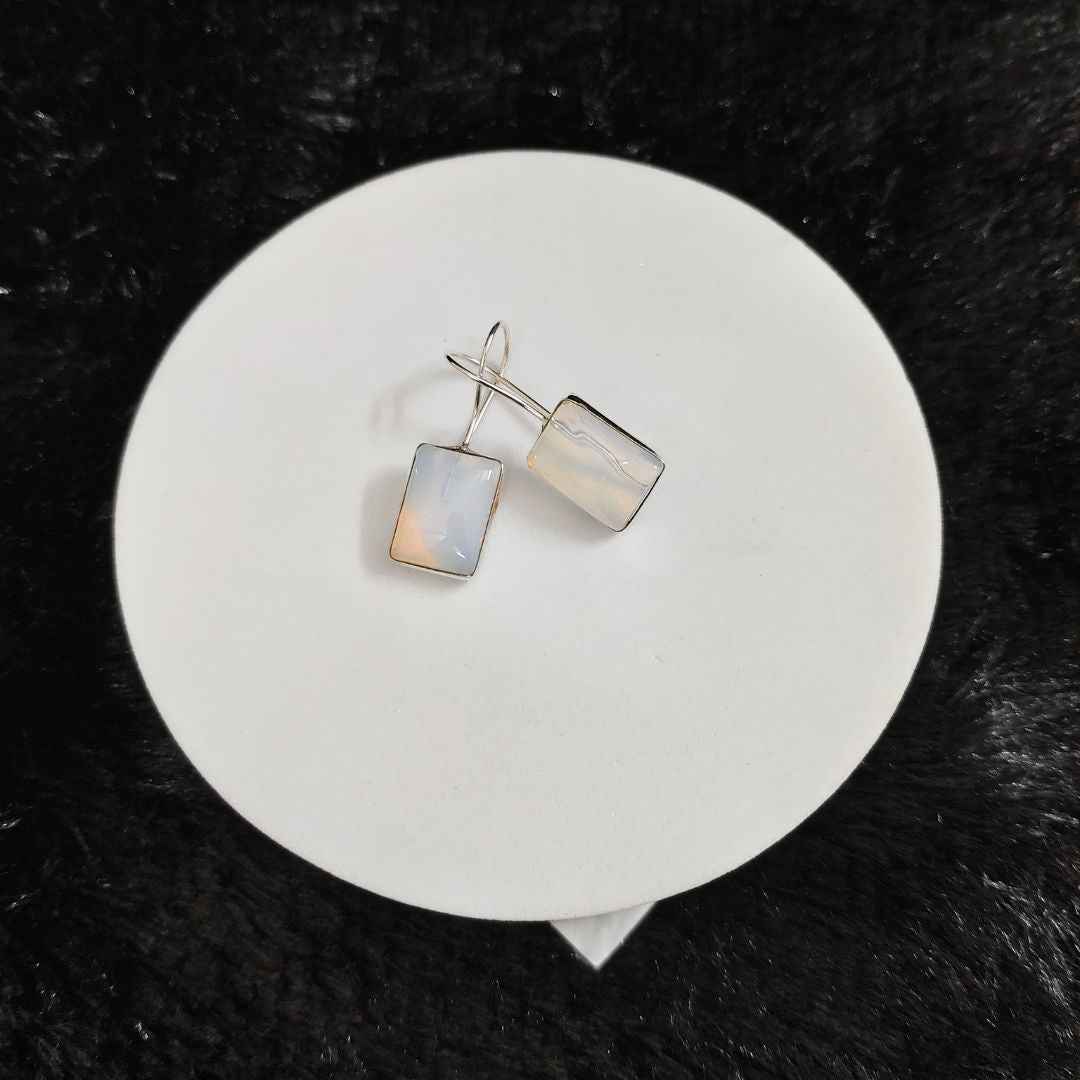 Minimalist Sterling Silver Dangle Earrings with Rectangle White Opalite Stones