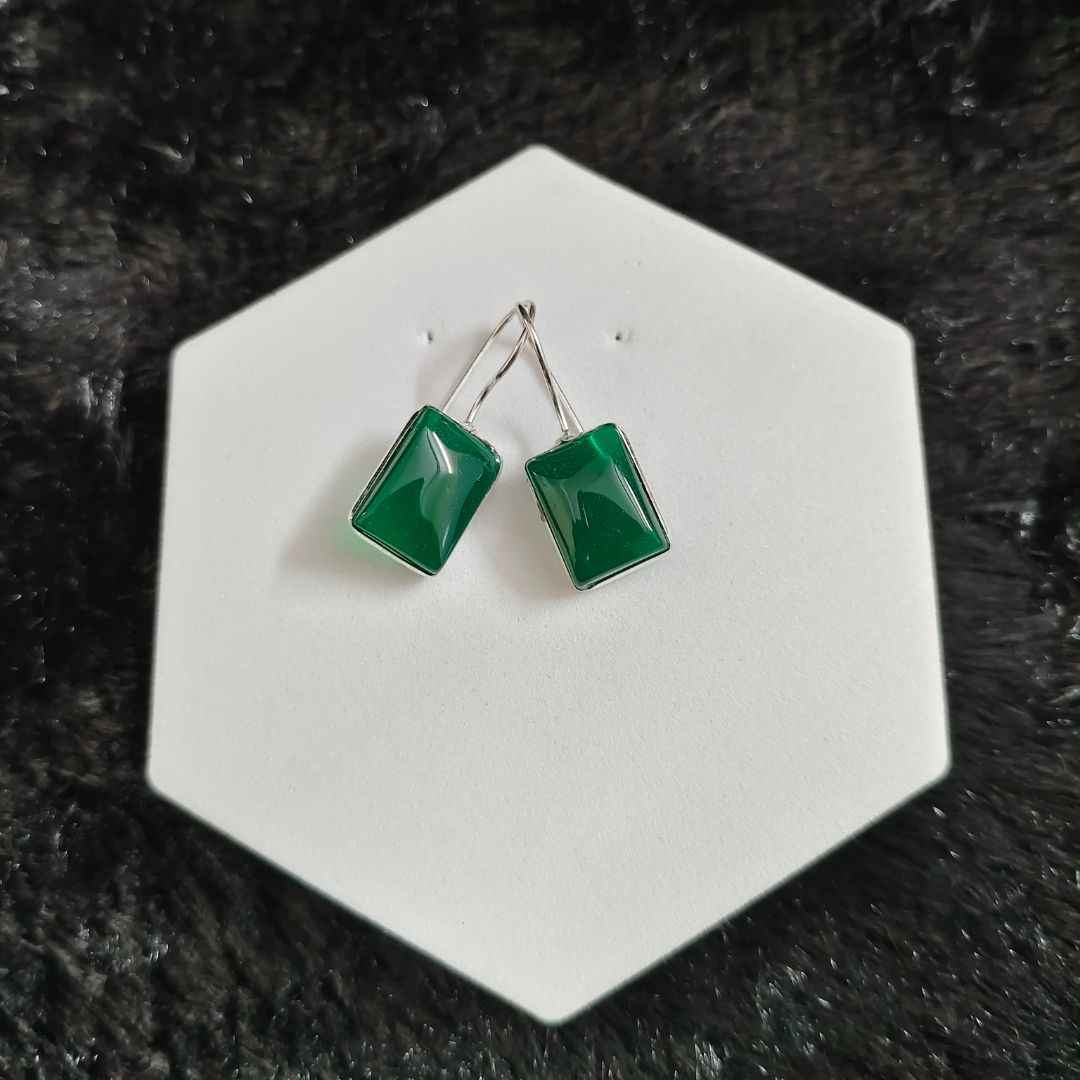 Stunning Emerald Green Agate Drop Earrings - Rectangle Sterling Silver Dangle