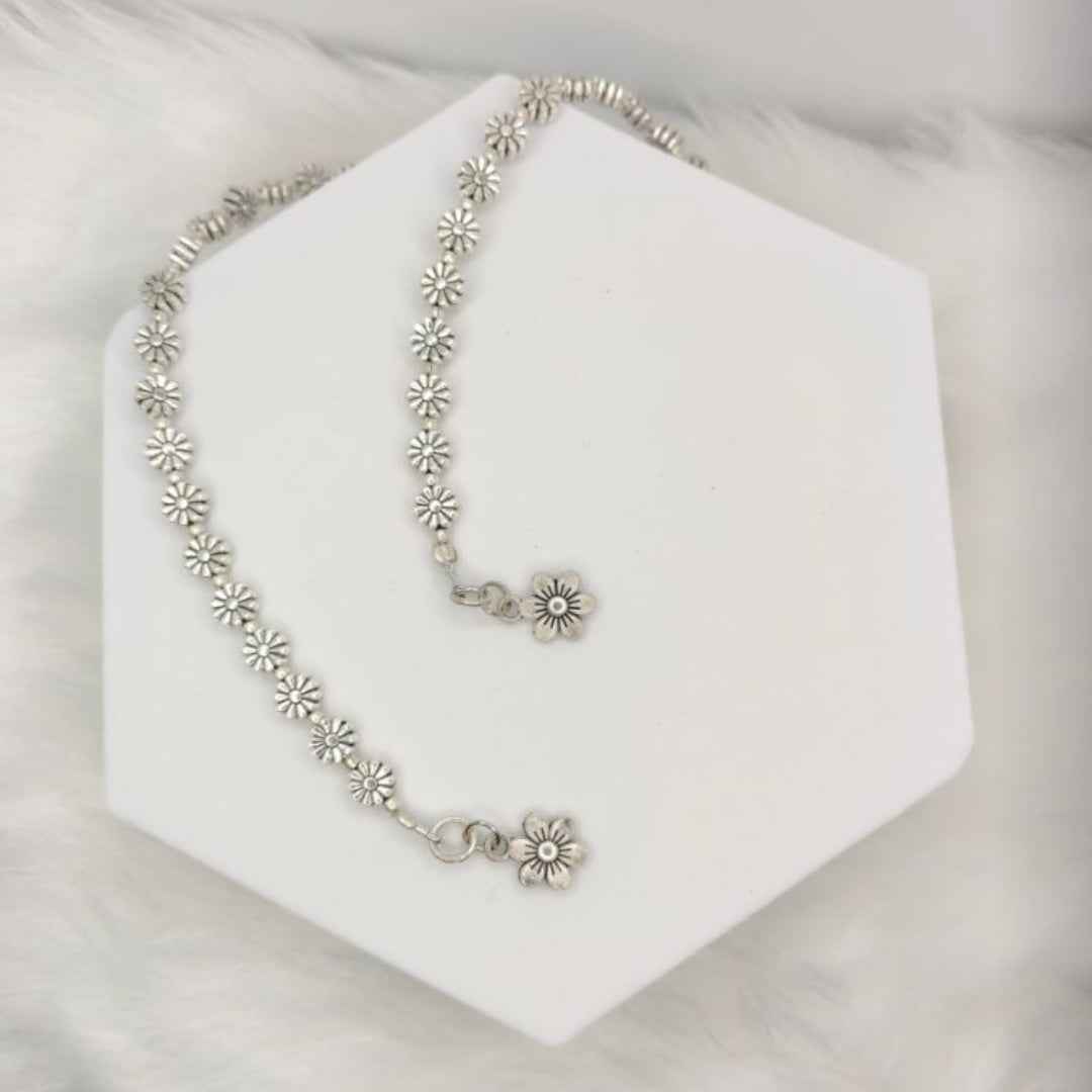 Boho Oxidized Silver Floral Charm Ankle Chain