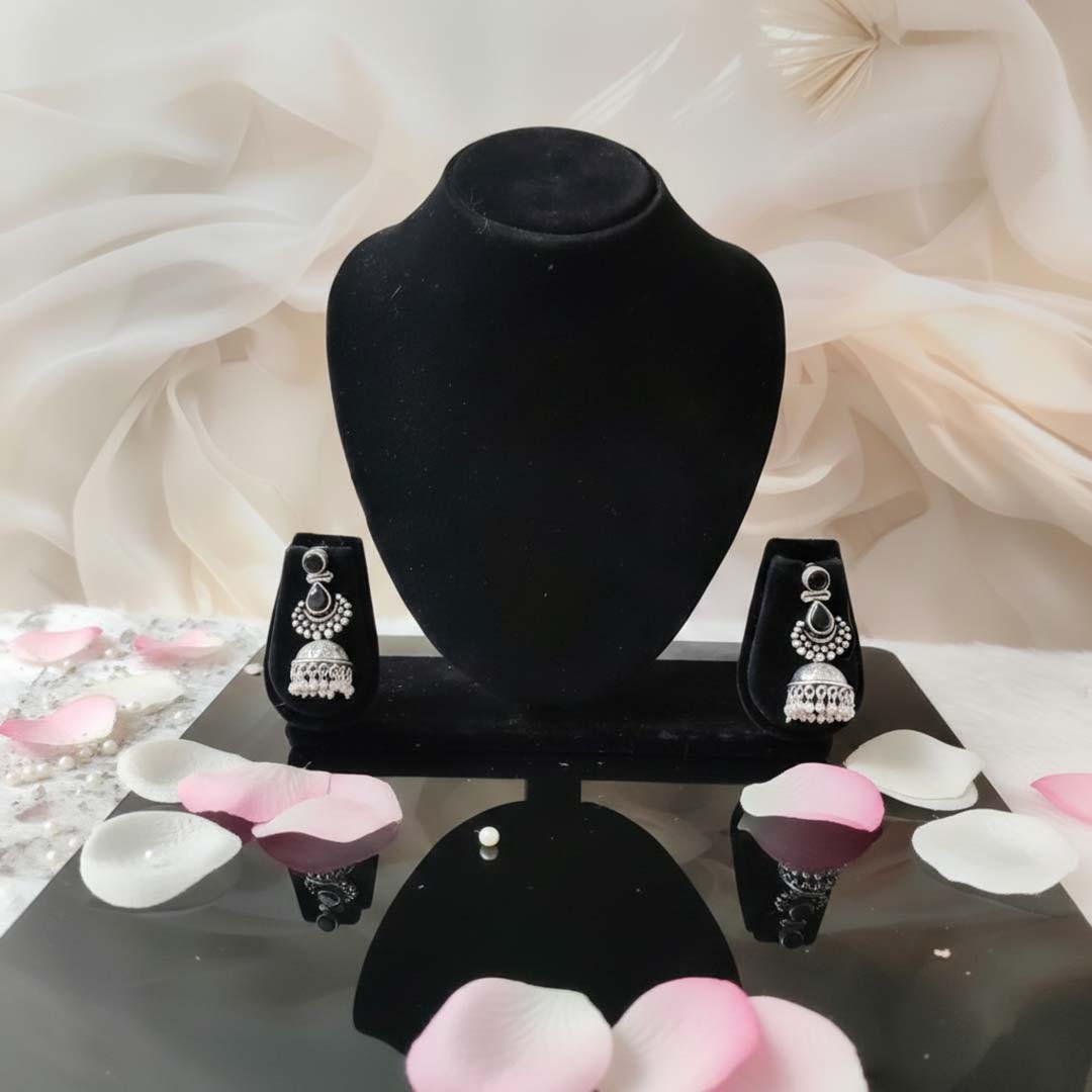 Classic Black Stone Oxidized Jhumka Earrings