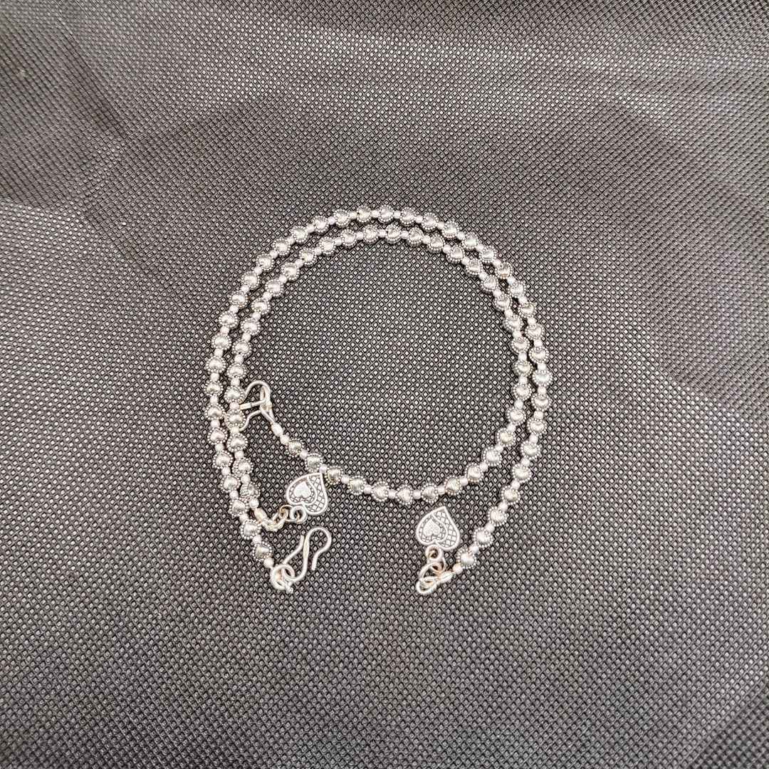 Delicate Silver Beaded Anklet Payal with Heart Charms