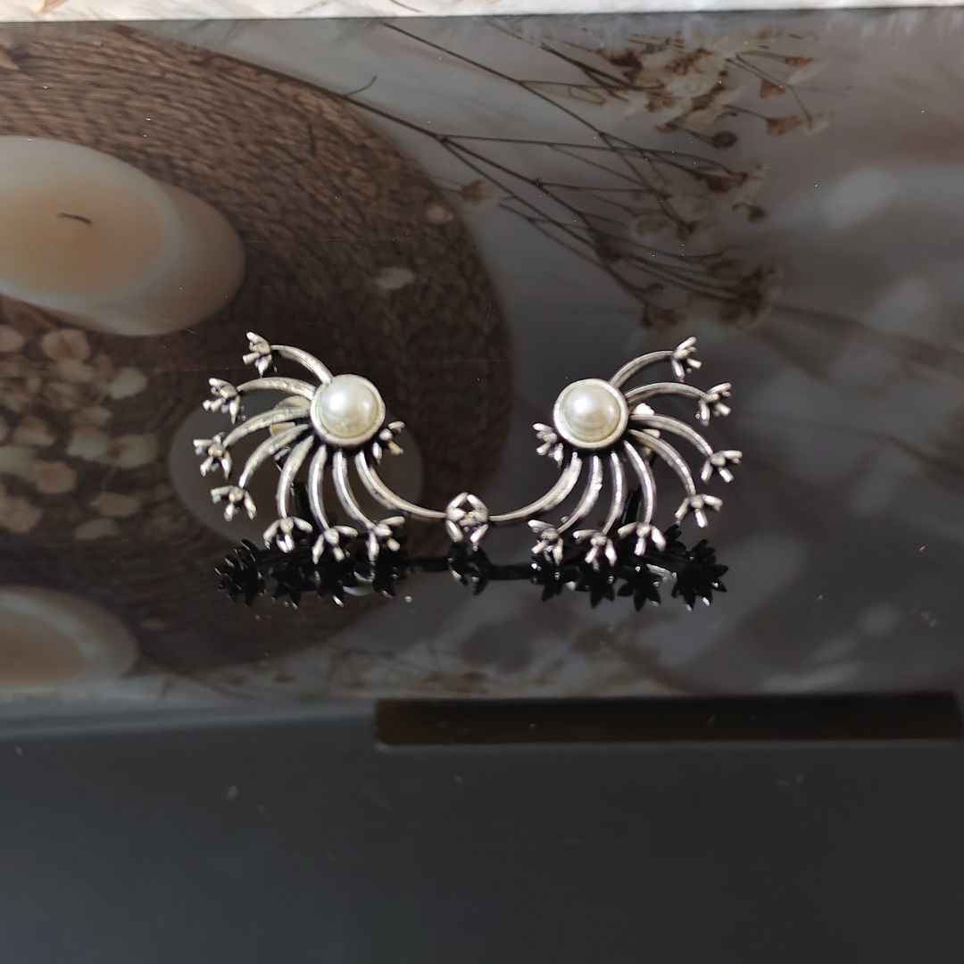 Elegant Oxidised Silver Pearl Stud Earrings for Women – Vintage Statement Jewelry