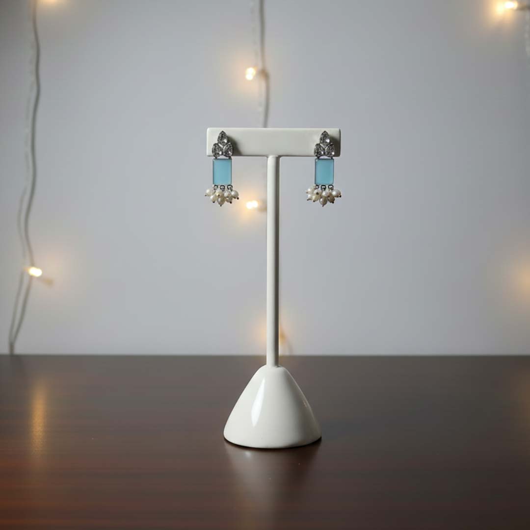 Pair of earrings on a white stand against a neutral background