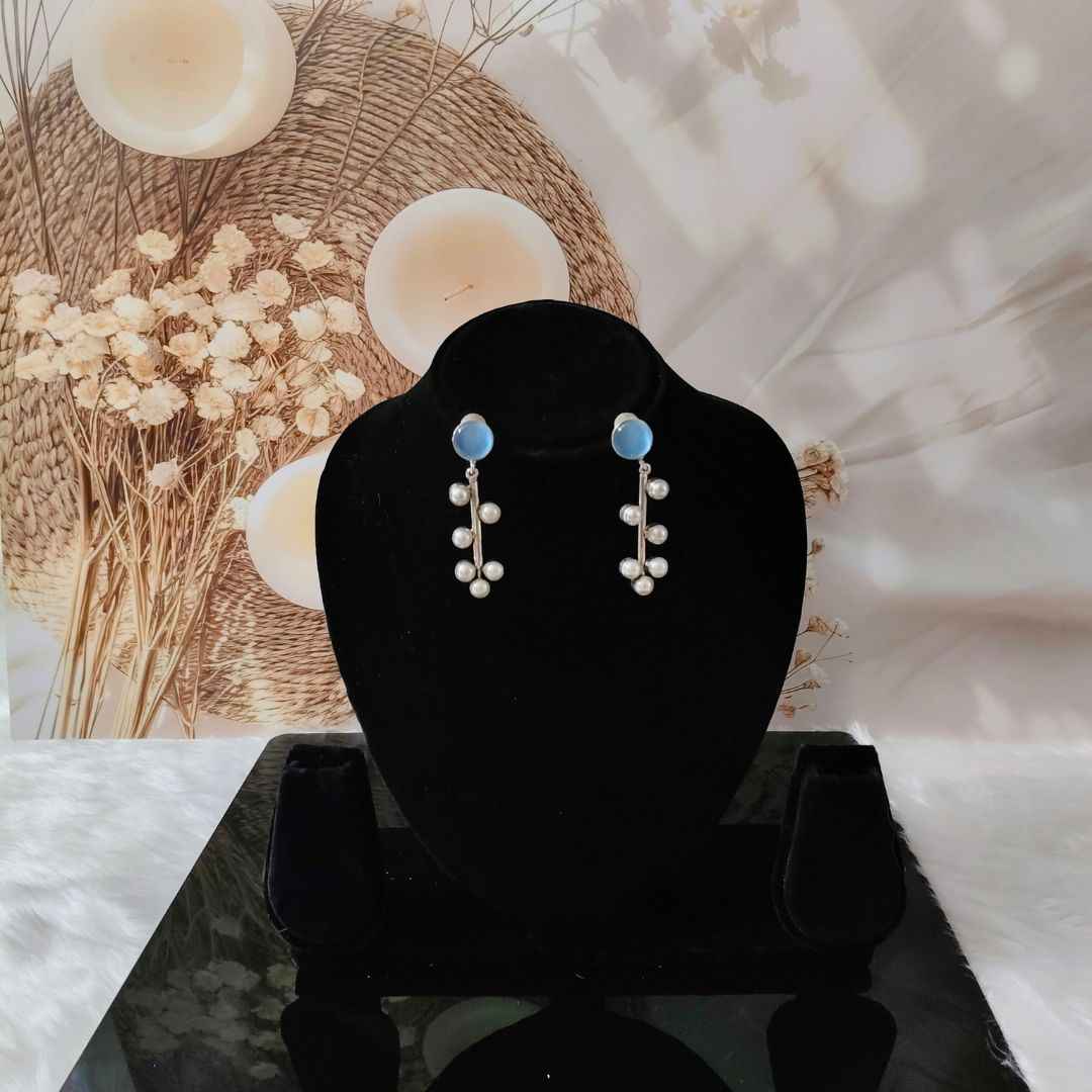 Elegant Silver Drop Earrings with Pearl and Blue Stone