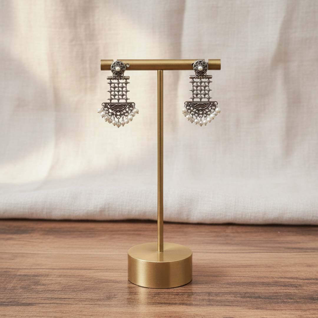 Geometric Mesh Design Oxidized Earrings with White Pearl Clusters