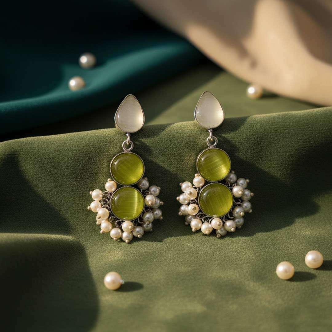 Handcrafted Dual-Stone & Pearl Cluster Drop Earrings