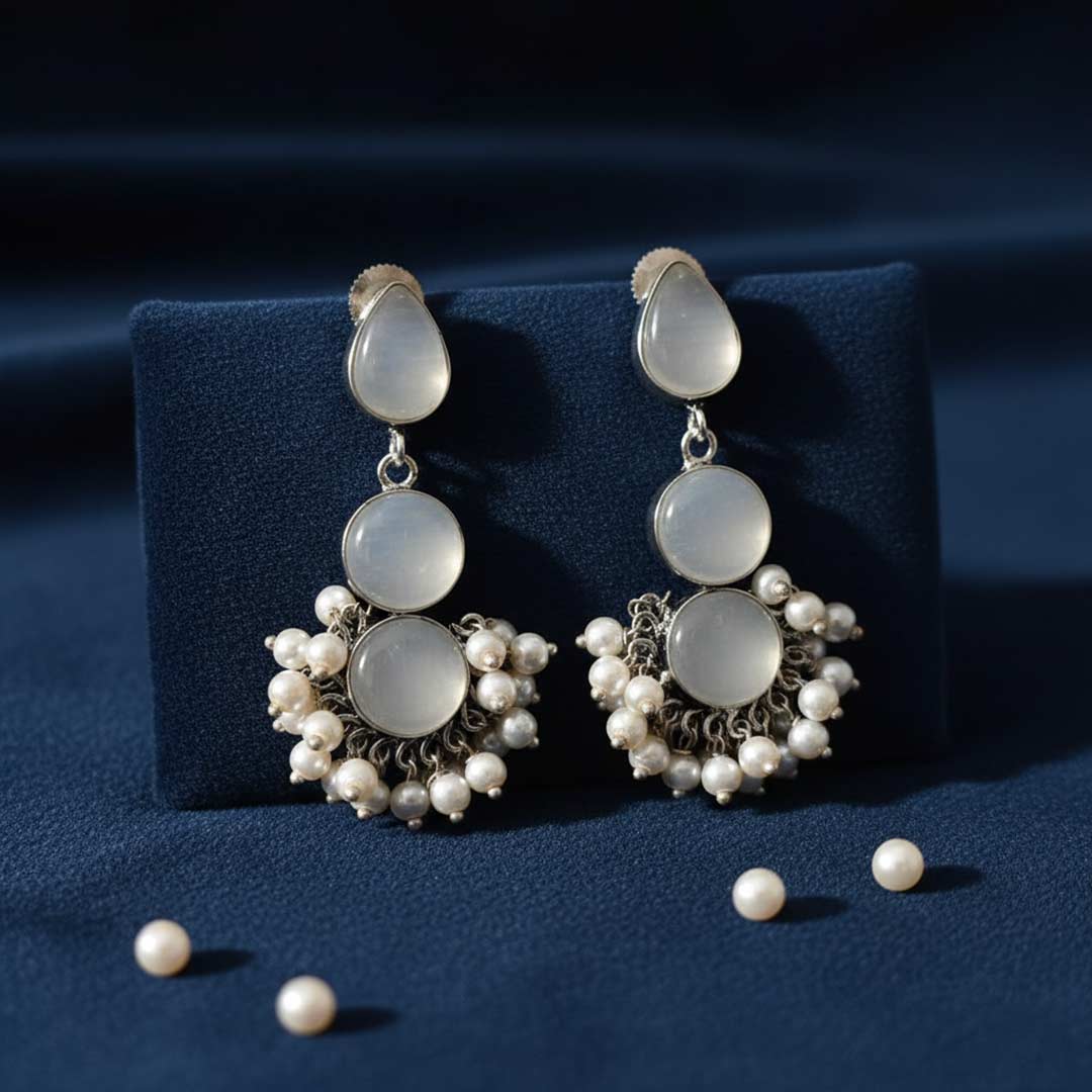 Handcrafted Dual-Stone & Pearl Cluster Drop Earrings