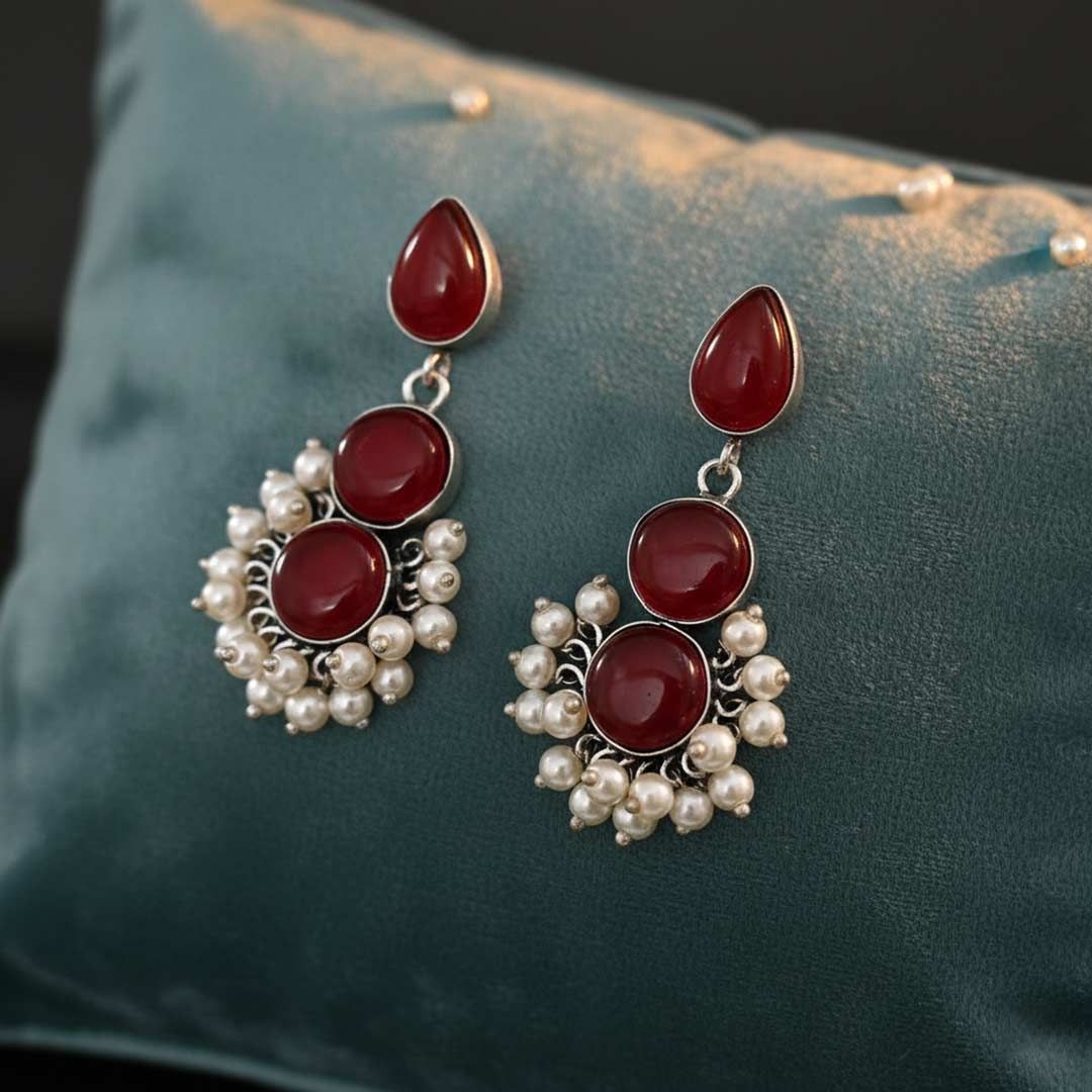 Handcrafted Dual-Stone & Pearl Cluster Drop Earrings