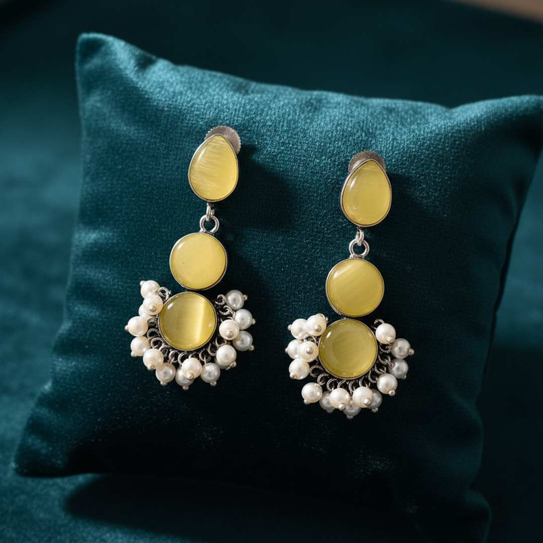 Handcrafted Dual-Stone & Pearl Cluster Drop Earrings