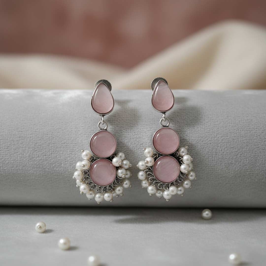 Handcrafted Dual-Stone & Pearl Cluster Drop Earrings