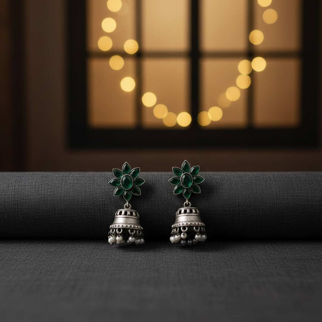 Handcrafted Flower Stud Jhumka Earrings with Pearl Drops