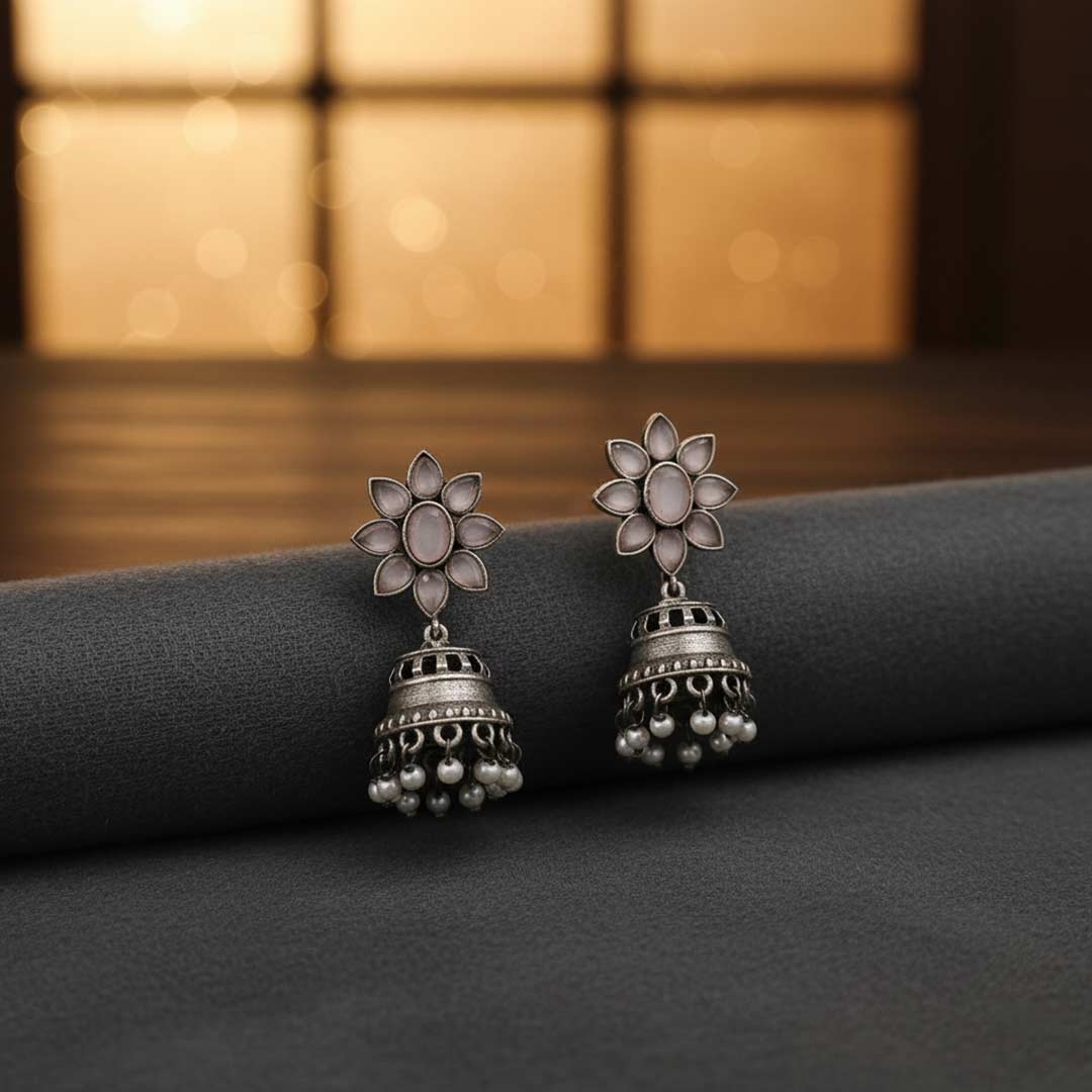 Handcrafted Flower Stud Jhumka Earrings with Pearl Drops