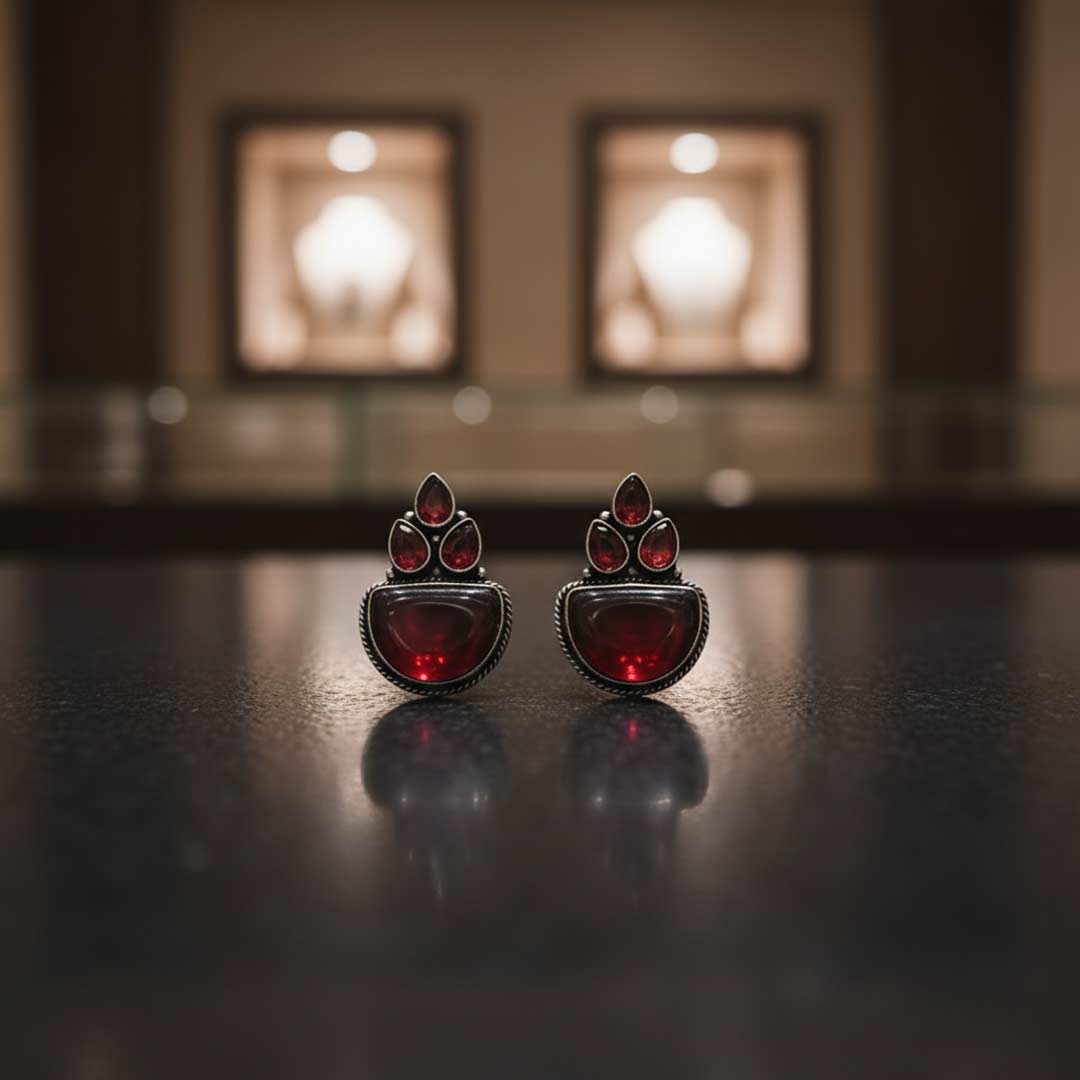 Handcrafted Oxidized Silver Jhumka Earrings with Stone