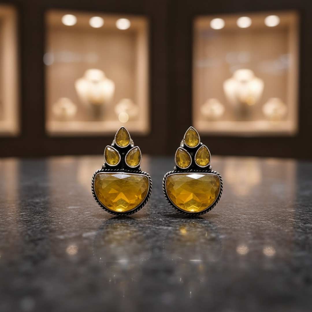 Handcrafted Oxidized Silver Jhumka Earrings with Stone