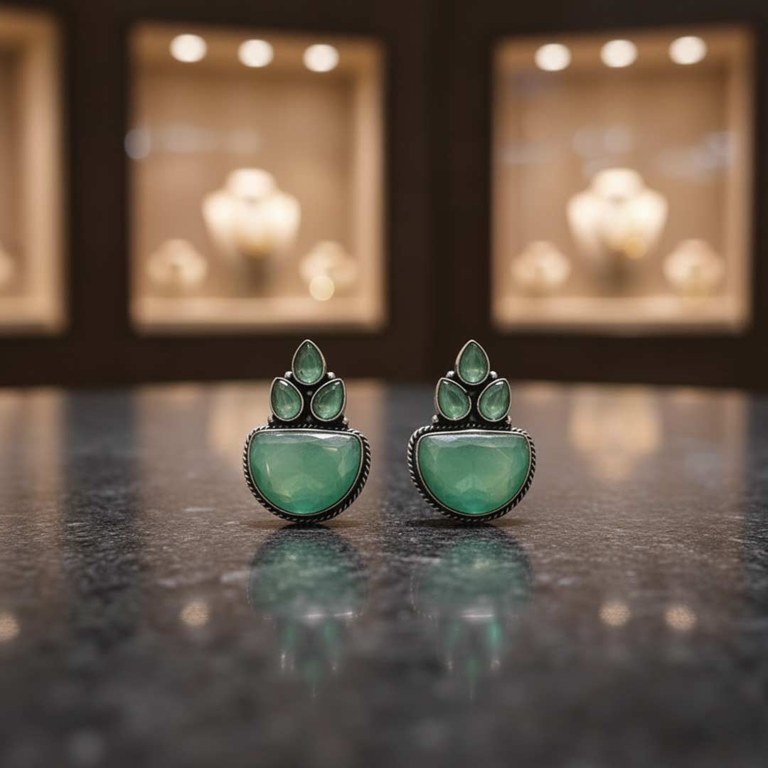 Handcrafted Oxidized Silver Jhumka Earrings with Stone