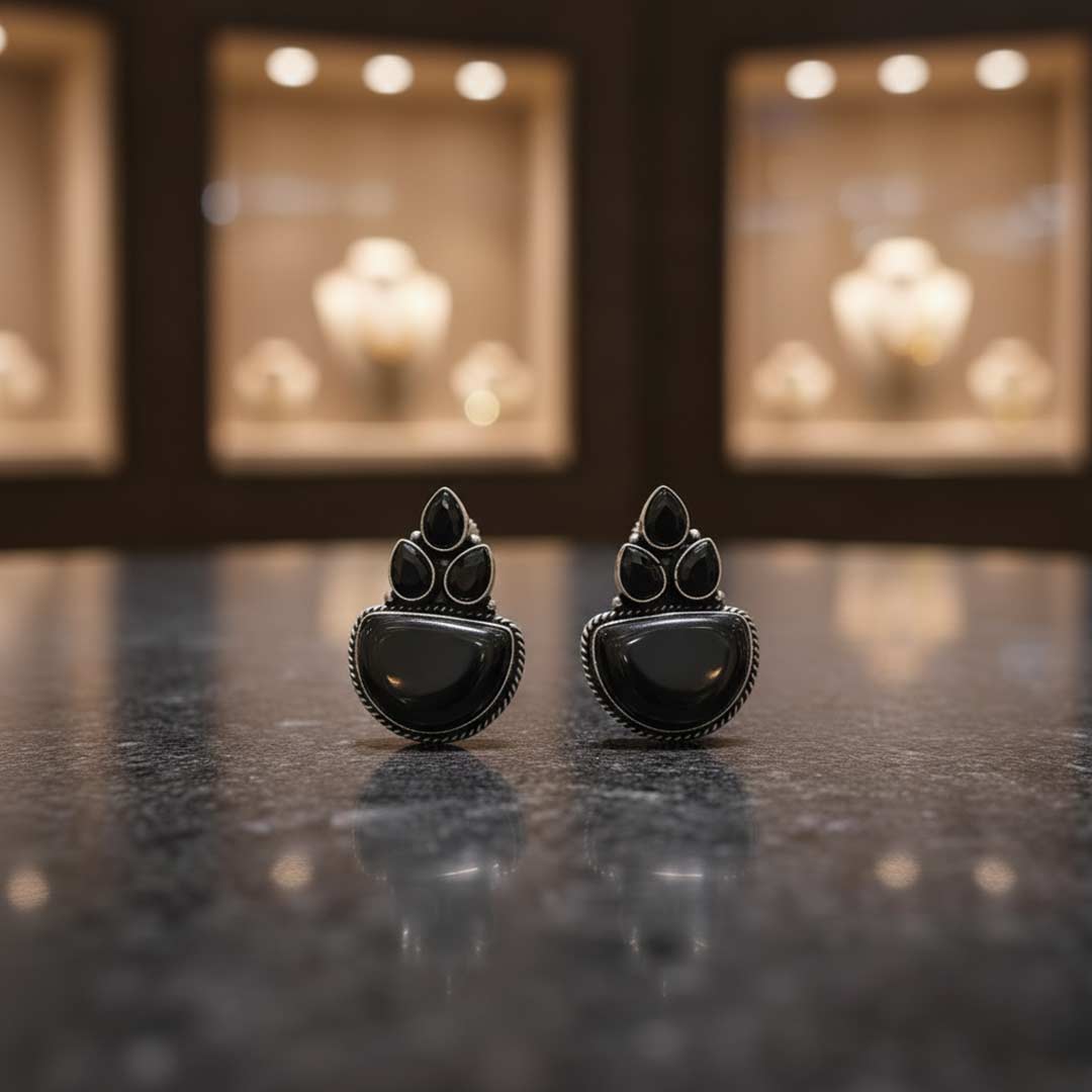 Handcrafted Oxidized Silver Jhumka Earrings with Stone