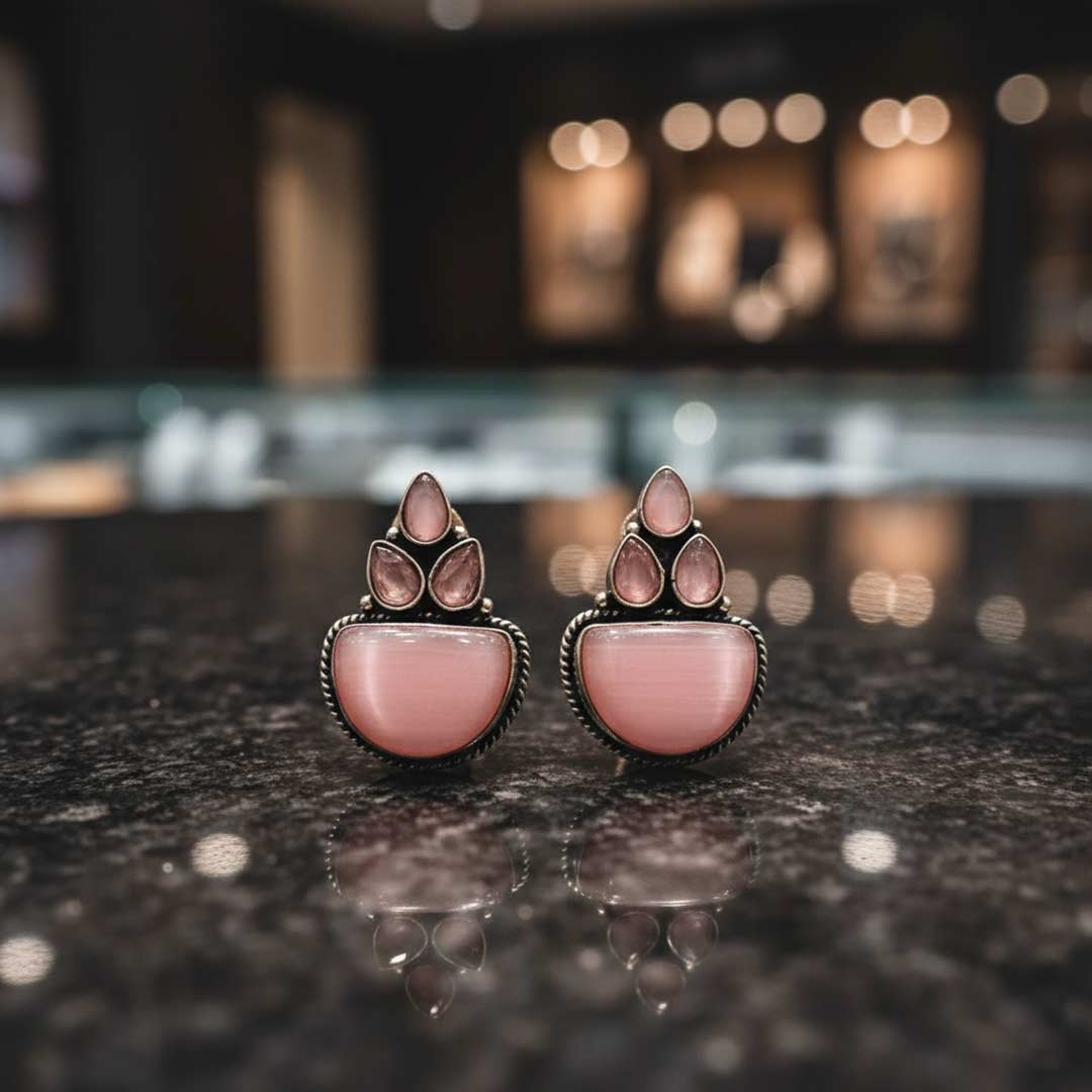 Handcrafted Oxidized Silver Jhumka Earrings with Stone