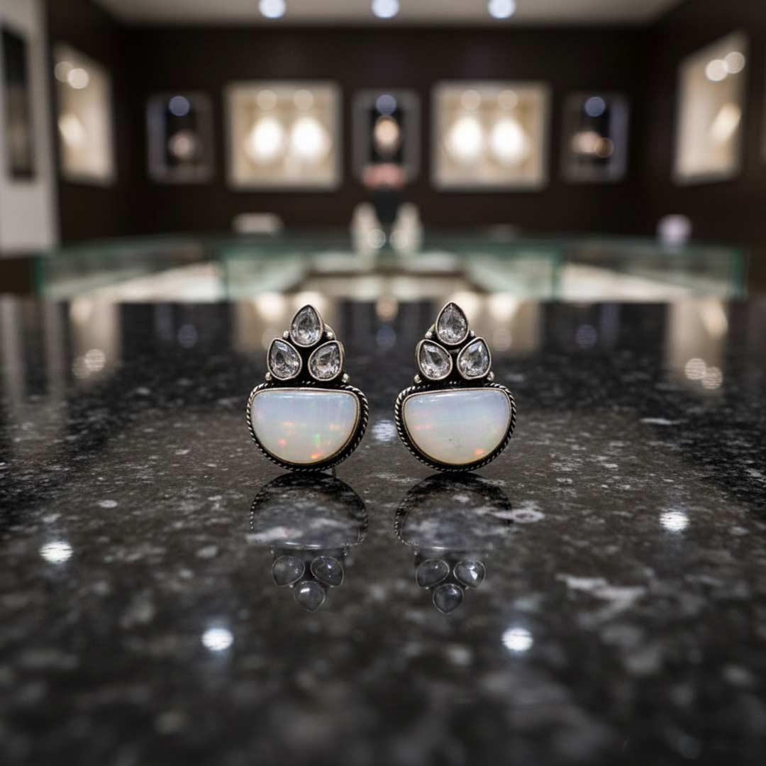 Handcrafted Oxidized Silver Jhumka Earrings with Stone