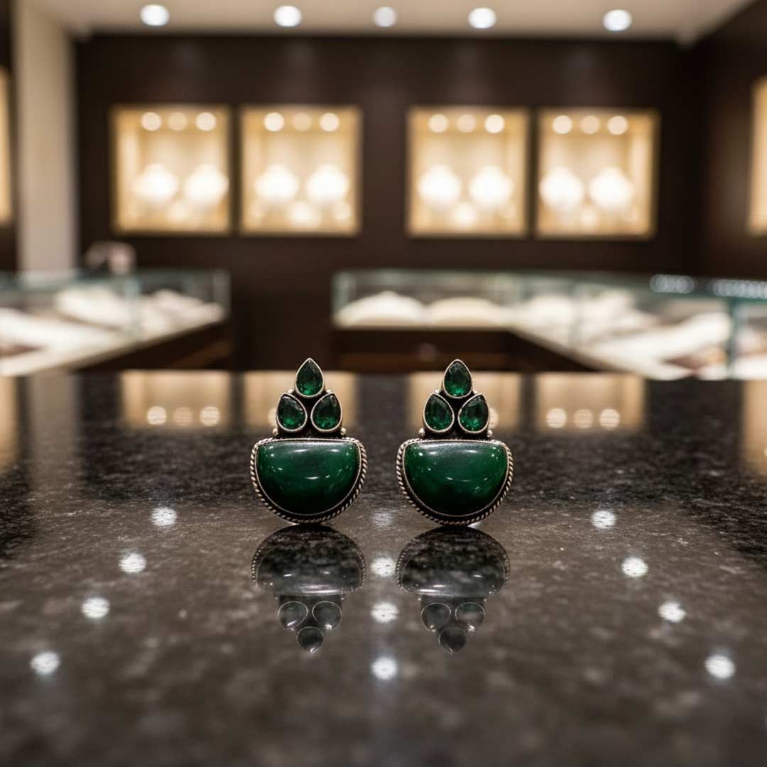 Handcrafted Oxidized Silver Jhumka Earrings with Stone