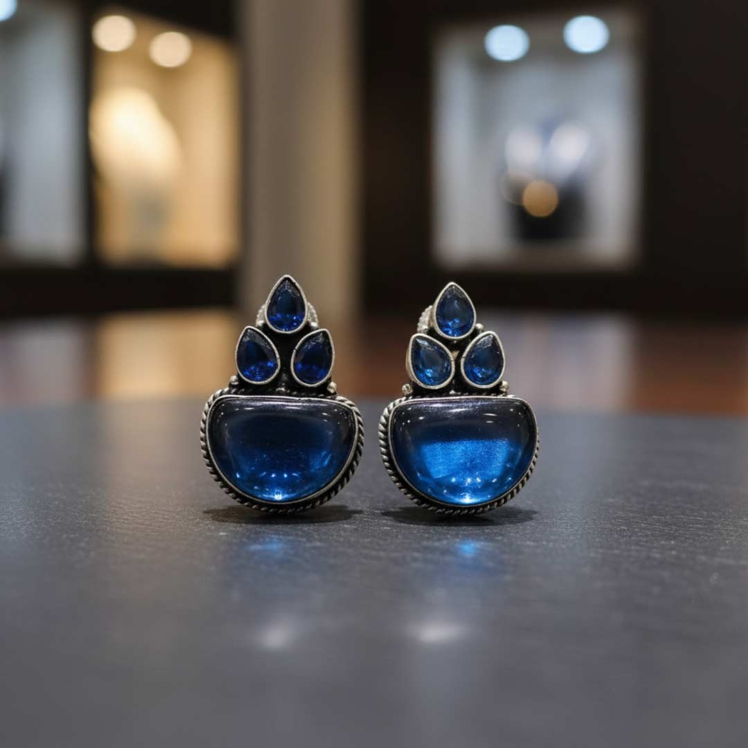 Handcrafted Oxidized Silver Jhumka Earrings with Stone