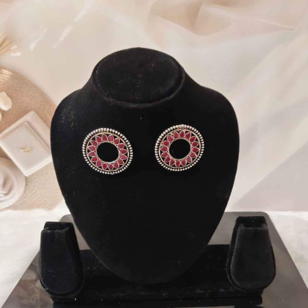 Handcrafted Ethnic Circular Studs with Red Gemstones