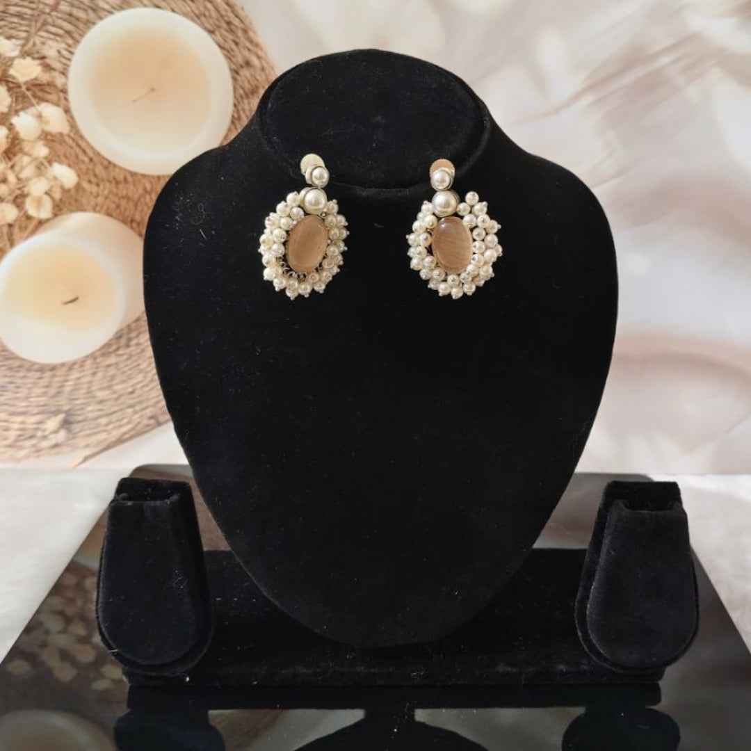 Vintage Style Sterling Silver Pearl Cluster Stud Earrings with Cat's Eye Gemstone