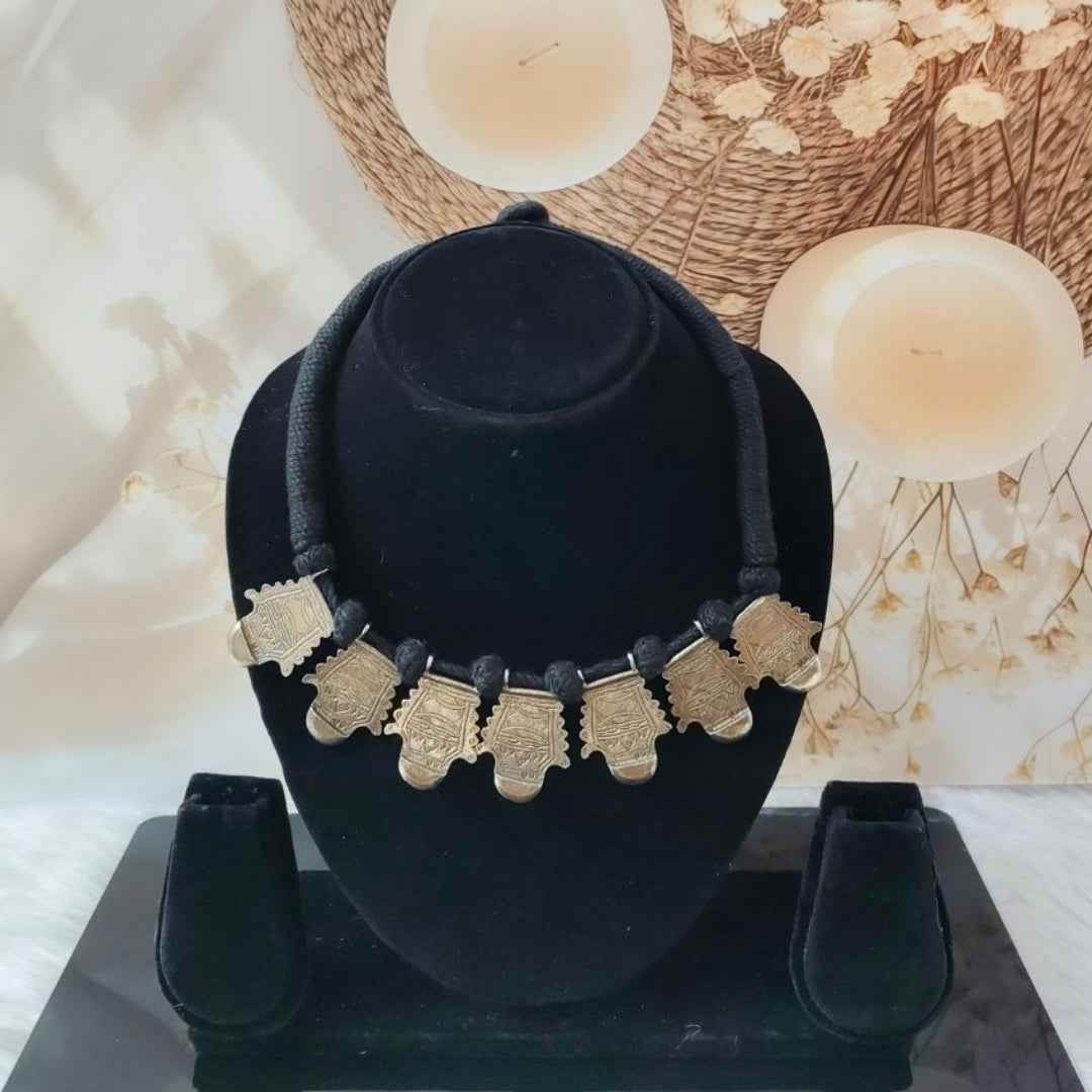 Handcrafted Tribal Oxidized Metal Choker Necklace with Engraved Charms