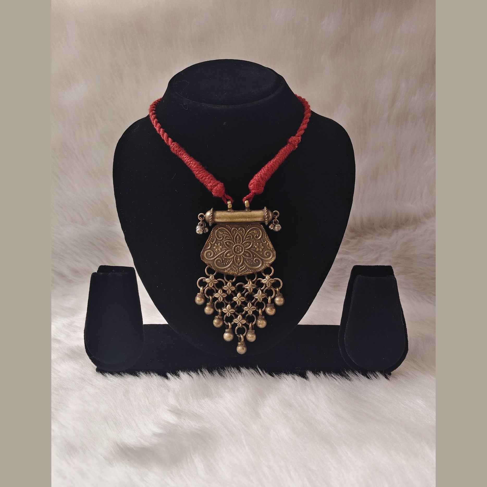 Handcrafted Oxidised Brass Pendant Necklace with Red Thread – Tribal Ethnic Jewelry
