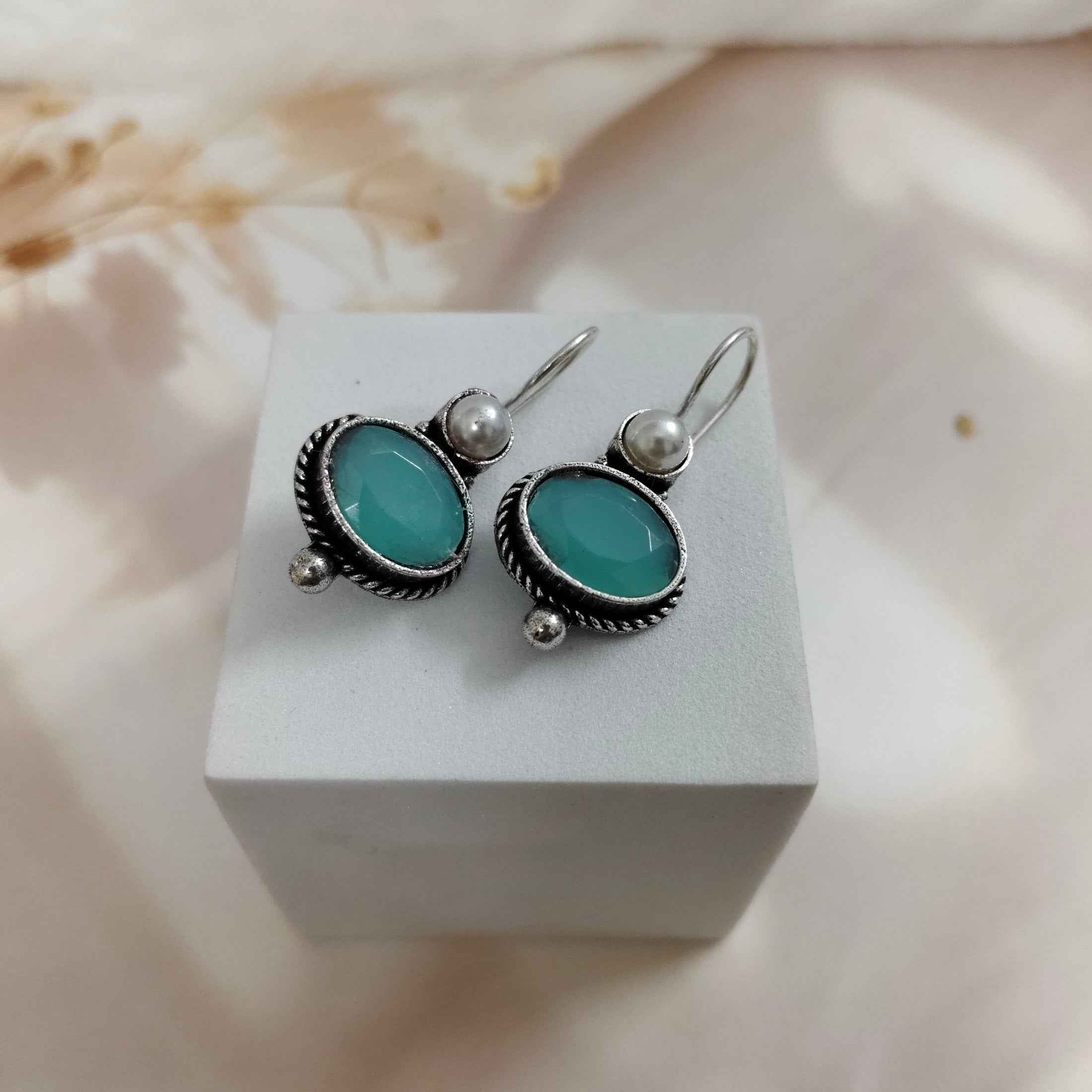 Oxidized Silver Drop Earrings with Oval Gemstone and Pearl Accent | Hook Back