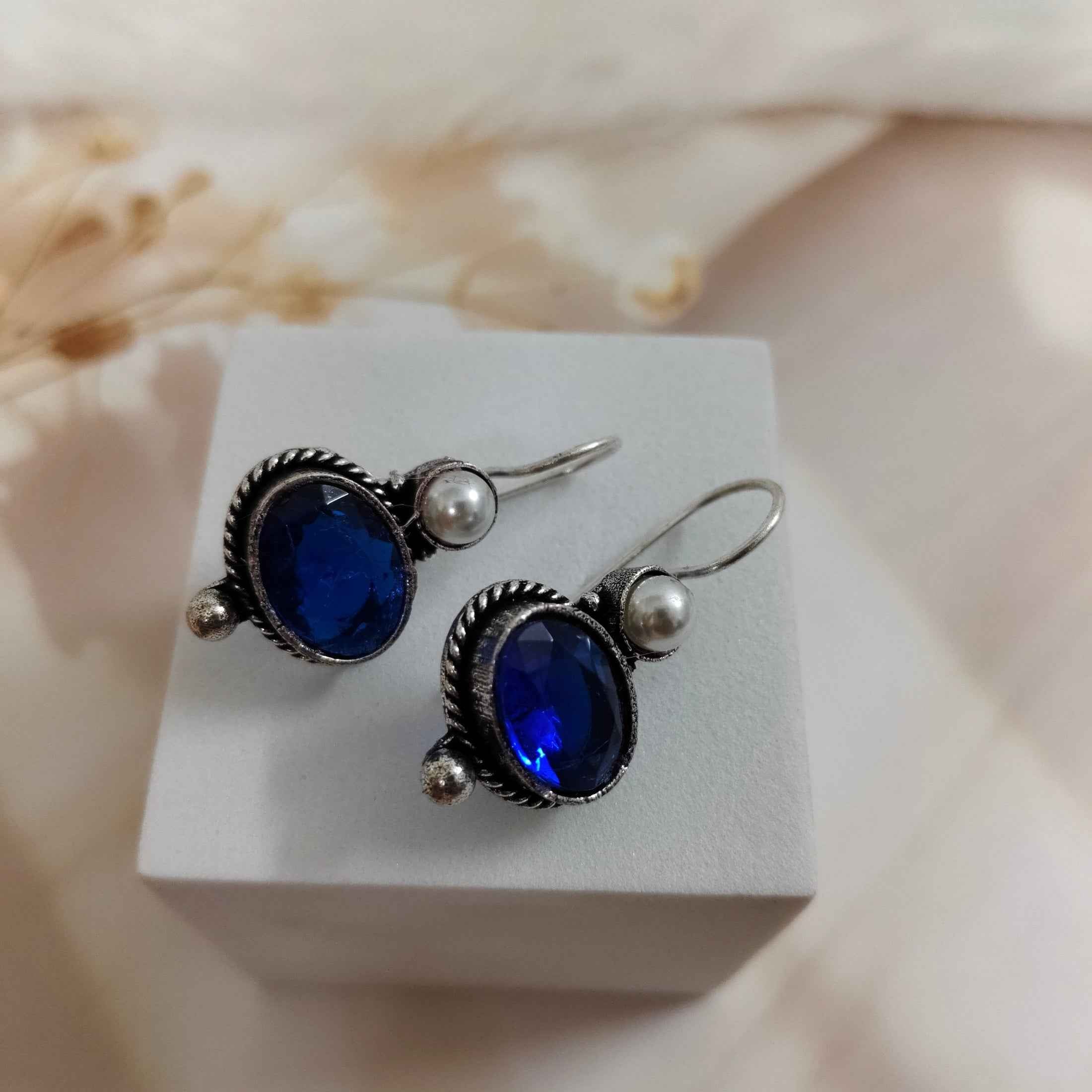 Oxidized Silver Drop Earrings with Oval Gemstone and Pearl Accent | Hook Back