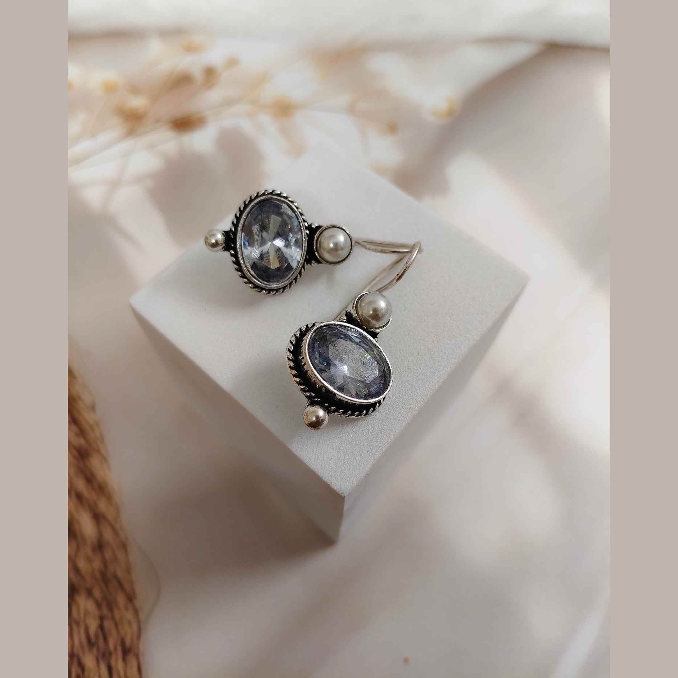 Oxidized Silver Drop Earrings with Oval Gemstone and Pearl Accent | Hook Back