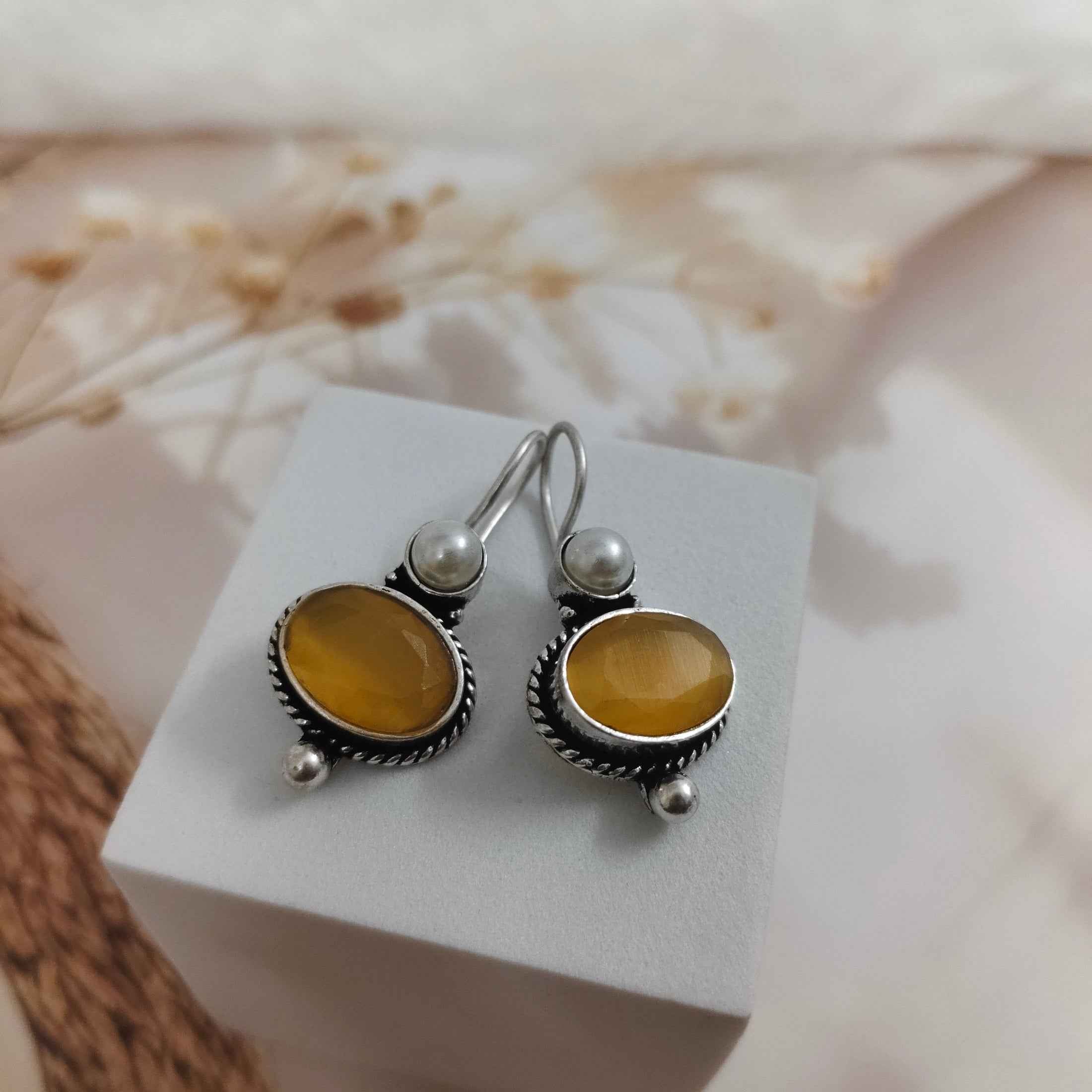 Oxidized Silver Drop Earrings with Oval Gemstone and Pearl Accent | Hook Back