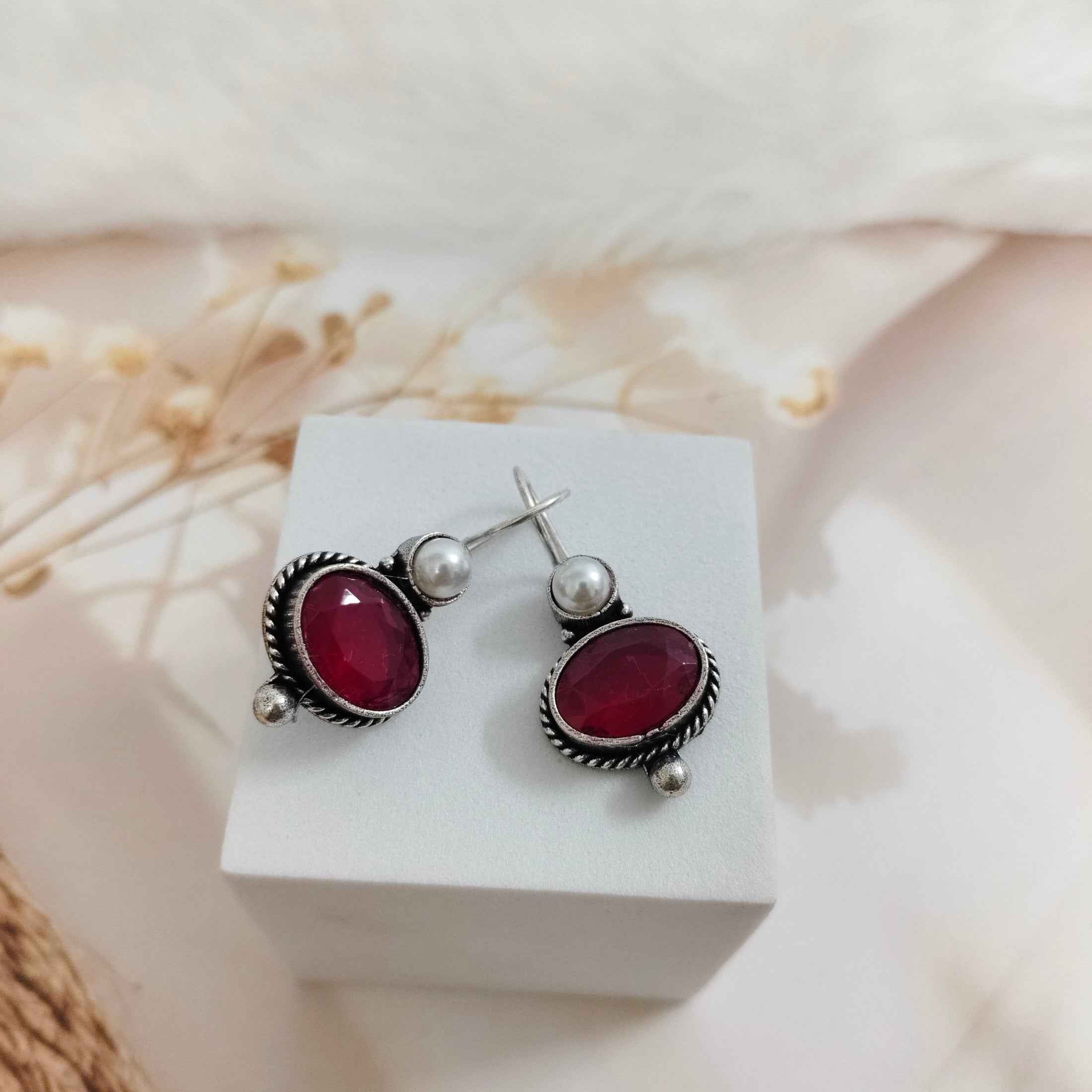 Oxidized Silver Drop Earrings with Oval Gemstone and Pearl Accent | Hook Back