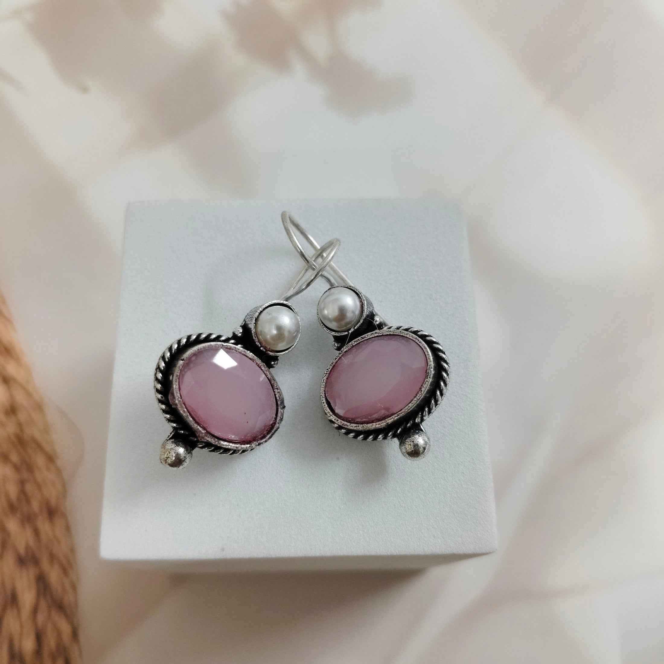 Oxidized Silver Drop Earrings with Oval Gemstone and Pearl Accent | Hook Back