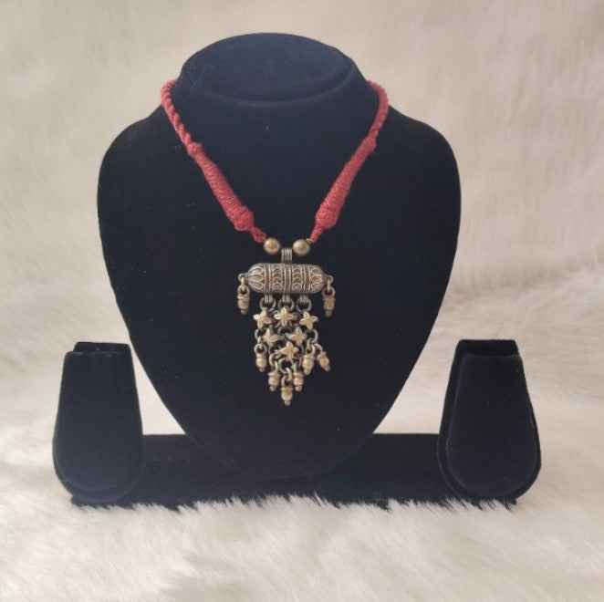 Handcrafted Oxidized Silver Pendant Necklace with Red Thread | Tribal Ethnic Jewelry