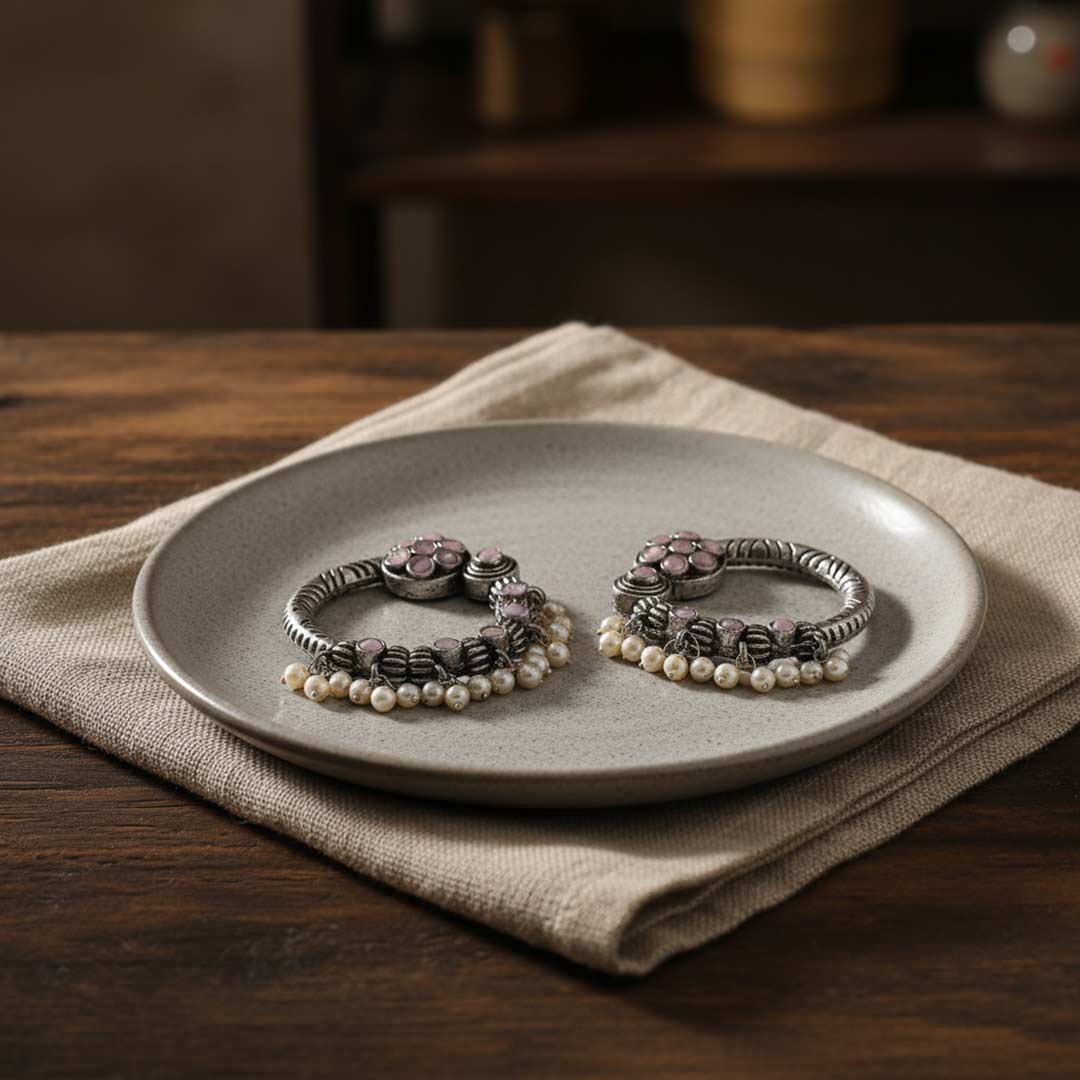 Oxidised Silver-Plated Bohemian Hoop Earrings with Jhumka Pearls