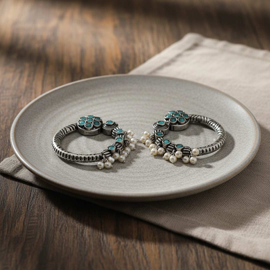 Oxidised Silver-Plated Bohemian Hoop Earrings with Jhumka Pearls