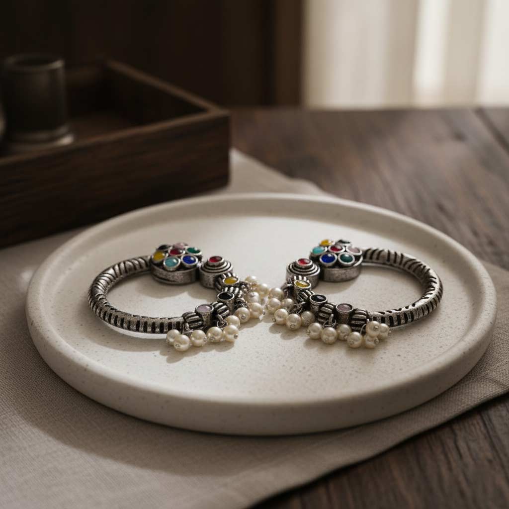 Oxidised Silver-Plated Bohemian Hoop Earrings with Jhumka Pearls