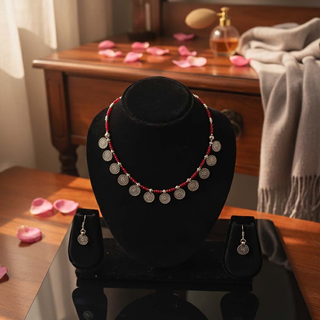 Oxidized Silver Coin and Red Bead Necklace Set