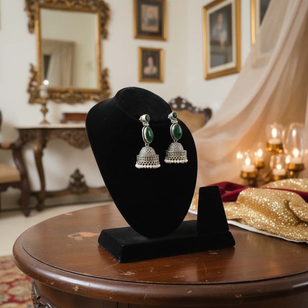 Oxidized Silver Jhumka Earrings with Green Stone & Pearl Drops