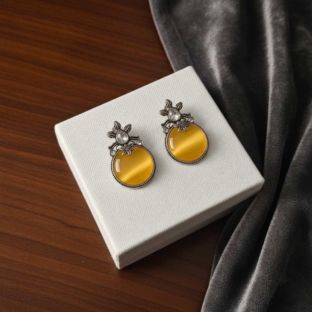 Oxidized Silver Look Stud Earrings with Colorful Cat Eye Stone and American Diamonds