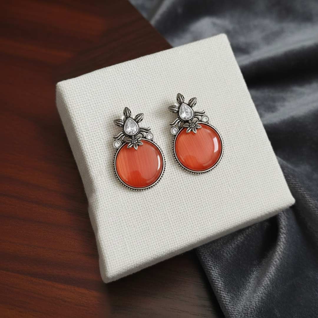 Oxidized Silver Look Stud Earrings with Colorful Cat Eye Stone and American Diamonds