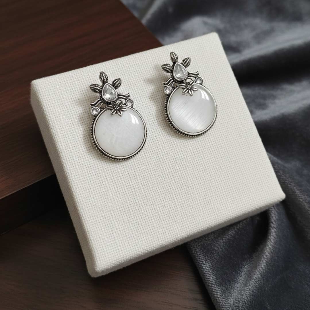 Oxidized Silver Look Stud Earrings with Colorful Cat Eye Stone and American Diamonds