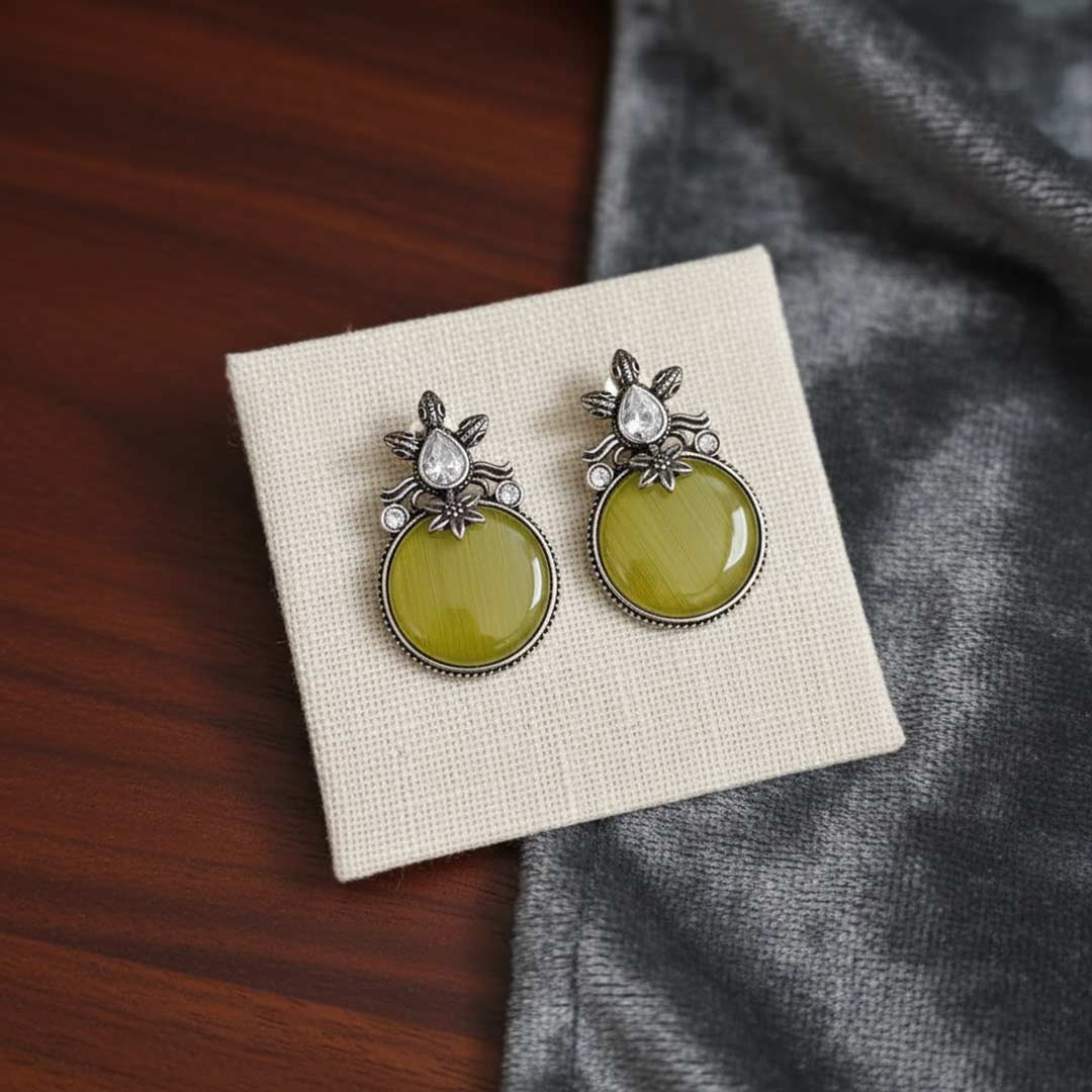 Oxidized Silver Look Stud Earrings with Colorful Cat Eye Stone and American Diamonds