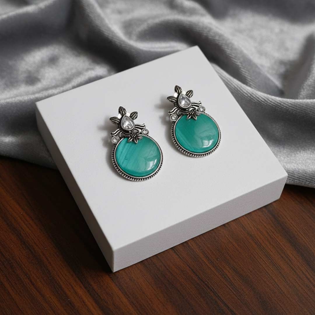 Oxidized Silver Look Stud Earrings with Colorful Cat Eye Stone and American Diamonds
