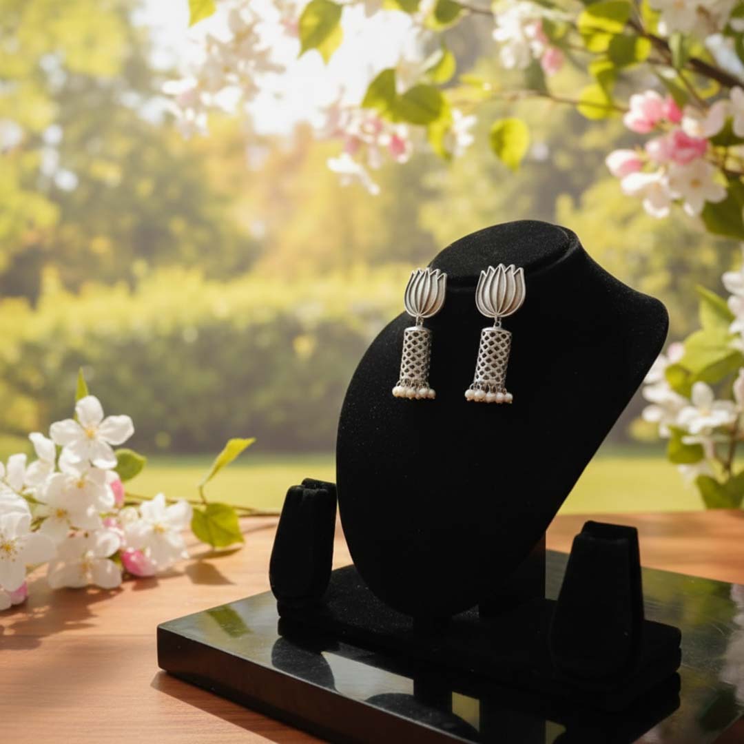 Oxidized Silver Lotus Jhumka Drop Earrings with Pearl Accents